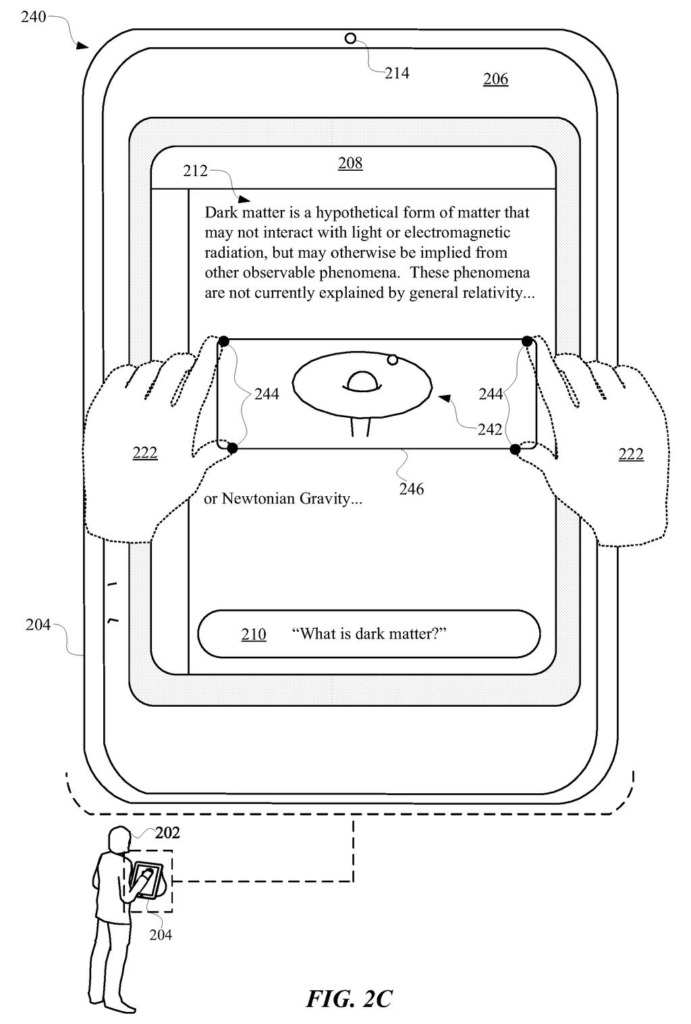 A user's hands gesture over a tablet displaying an AI-generated image of a UFO, indicating modification. Drawing from patent filing US 2026/0259662 A1.