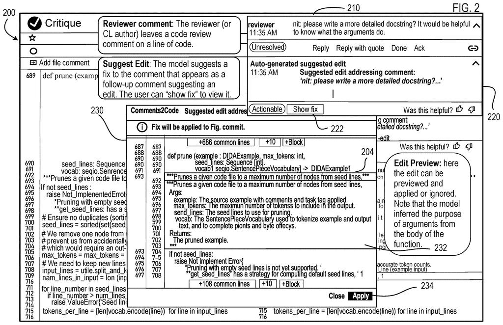 An AI system suggests a fix for a code comment, showing the original code, the suggested change, and a preview. Drawing from patent filing US 2026/0259729 A1.