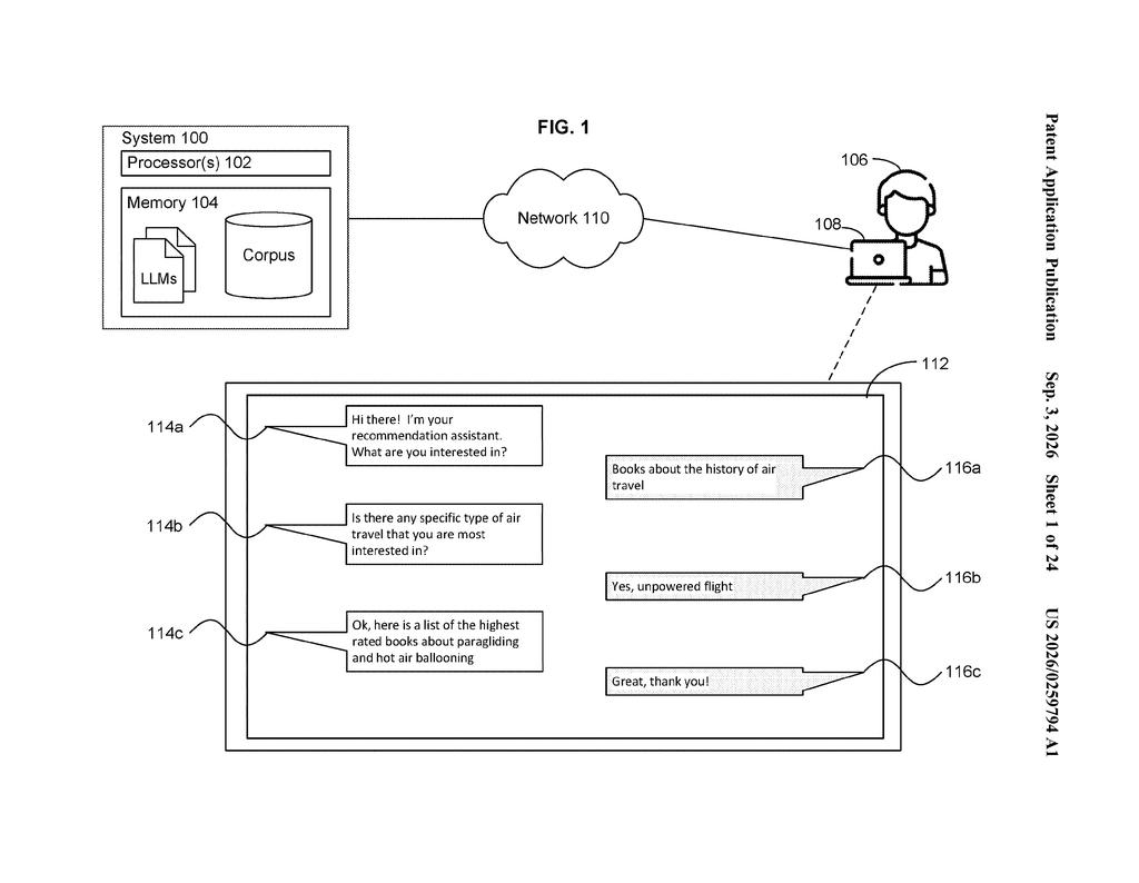 A person interacts with a recommendation assistant on a laptop, receiving book suggestions based on their interests. Drawing from patent filing US 2026/0259794 A1.