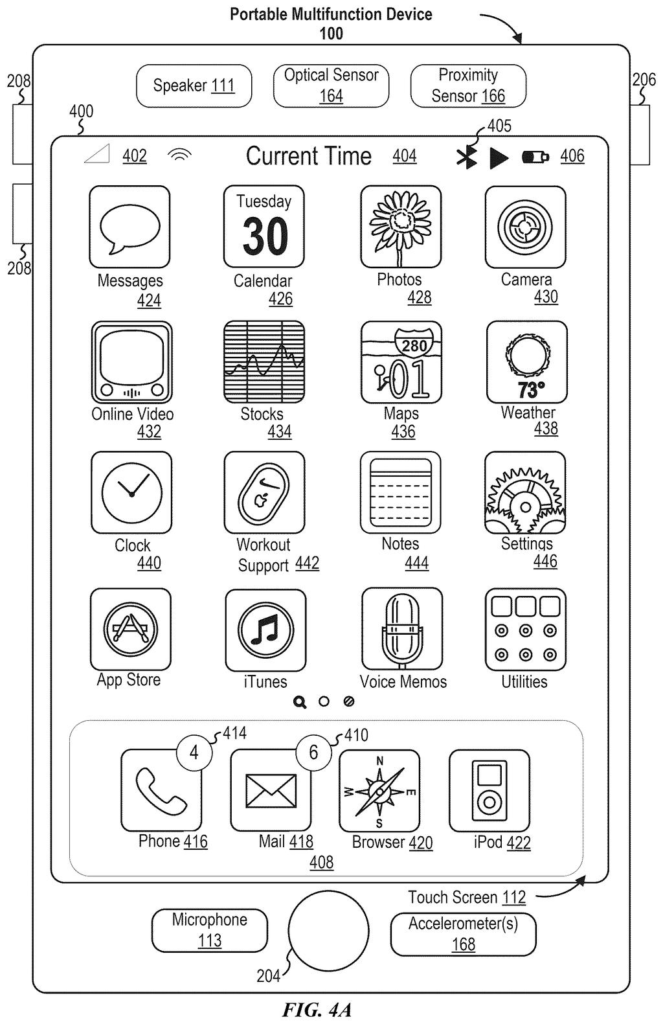 A portable multifunction device displays a home screen with application icons and status bar information. Drawing from patent filing US 2026/0259809 A1.