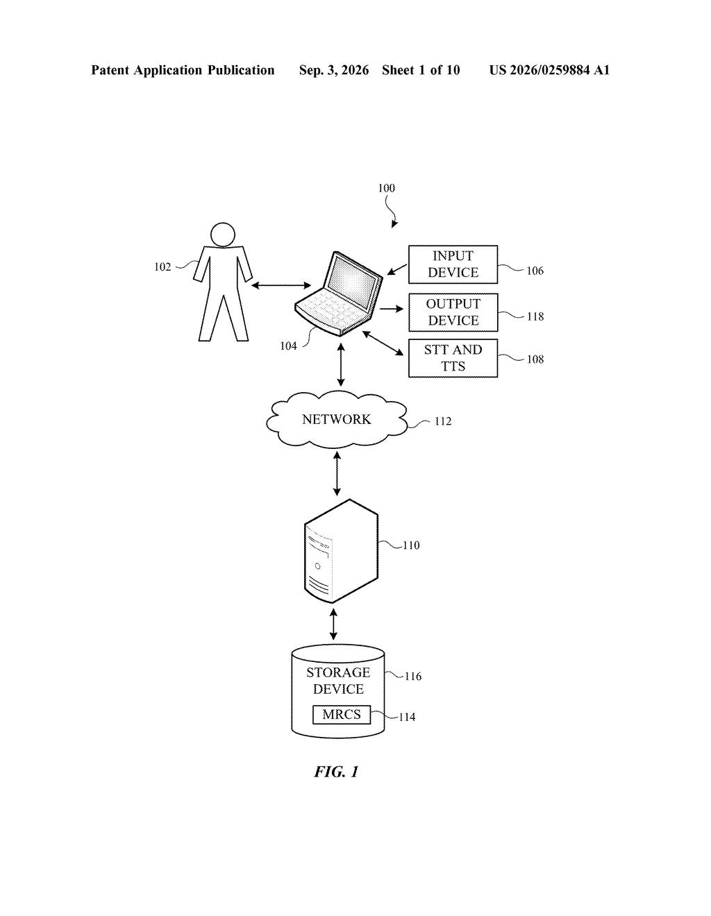 A person interacts with a laptop computer, which connects to a network, server, and storage device to process queries. Drawing from patent filing US 2026/0259884 A1.