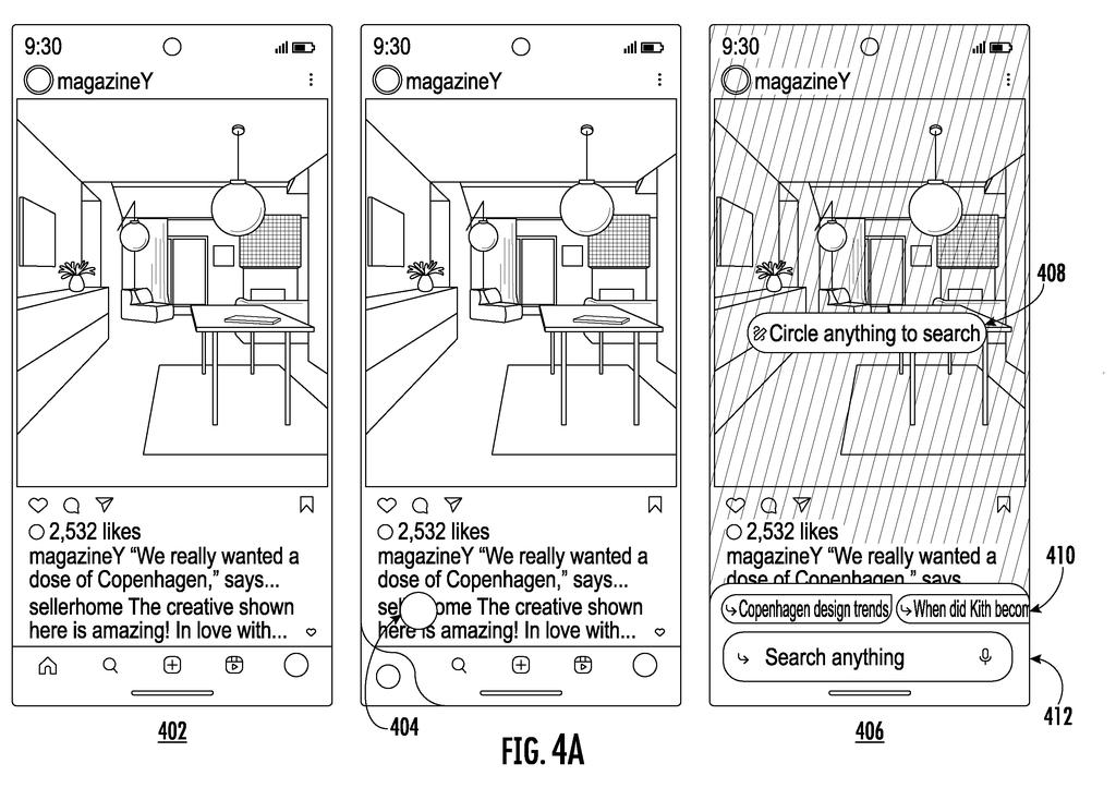 A phone screen displays an image from a social media app, with an overlay indicating a visual search function. Drawing from patent filing US 2026/0259890 A1.