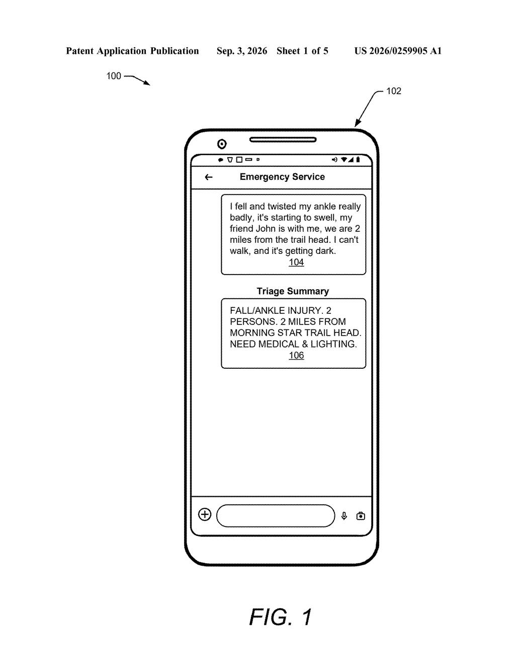 A smartphone screen displays a user's emergency message and an AI-generated summary for quick dispatch. Drawing from patent filing US 2026/0259905 A1.