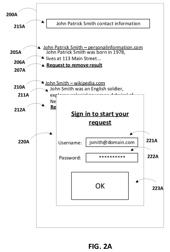 A search results page with a pop-up window prompting a user to sign in to request removal of a search result. Drawing from patent filing US 2026/0259949 A1.