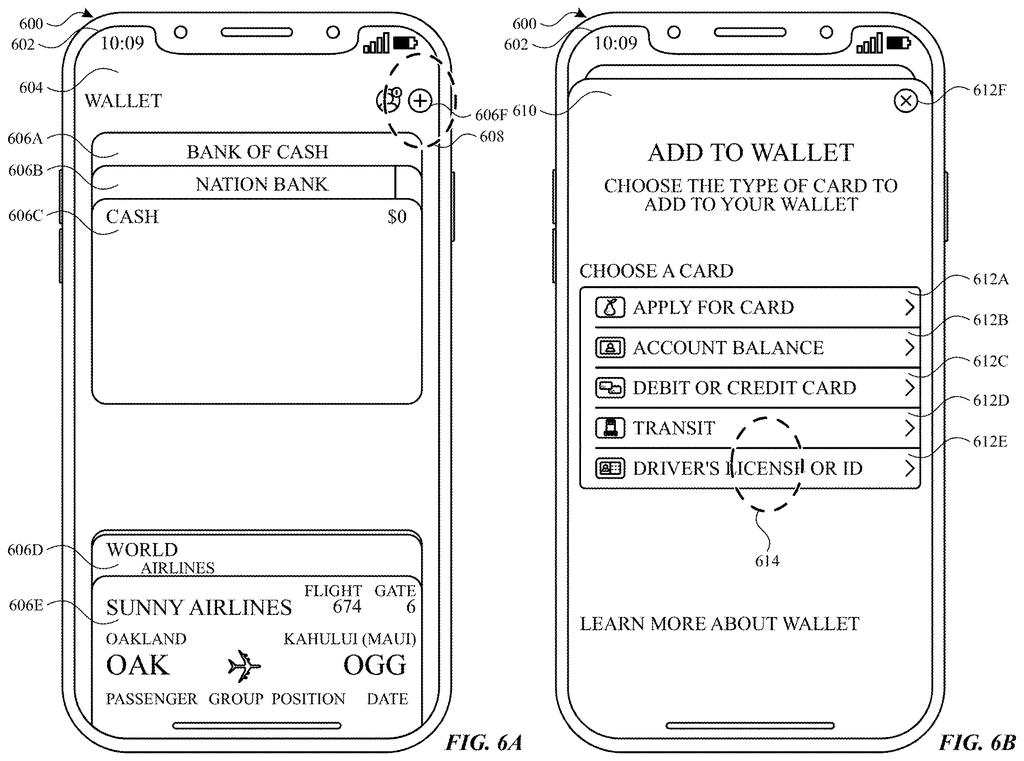 A phone displays a digital wallet interface with various cards and an option to add a driver's license or ID. Drawing from patent filing US 2026/0259976 A1.