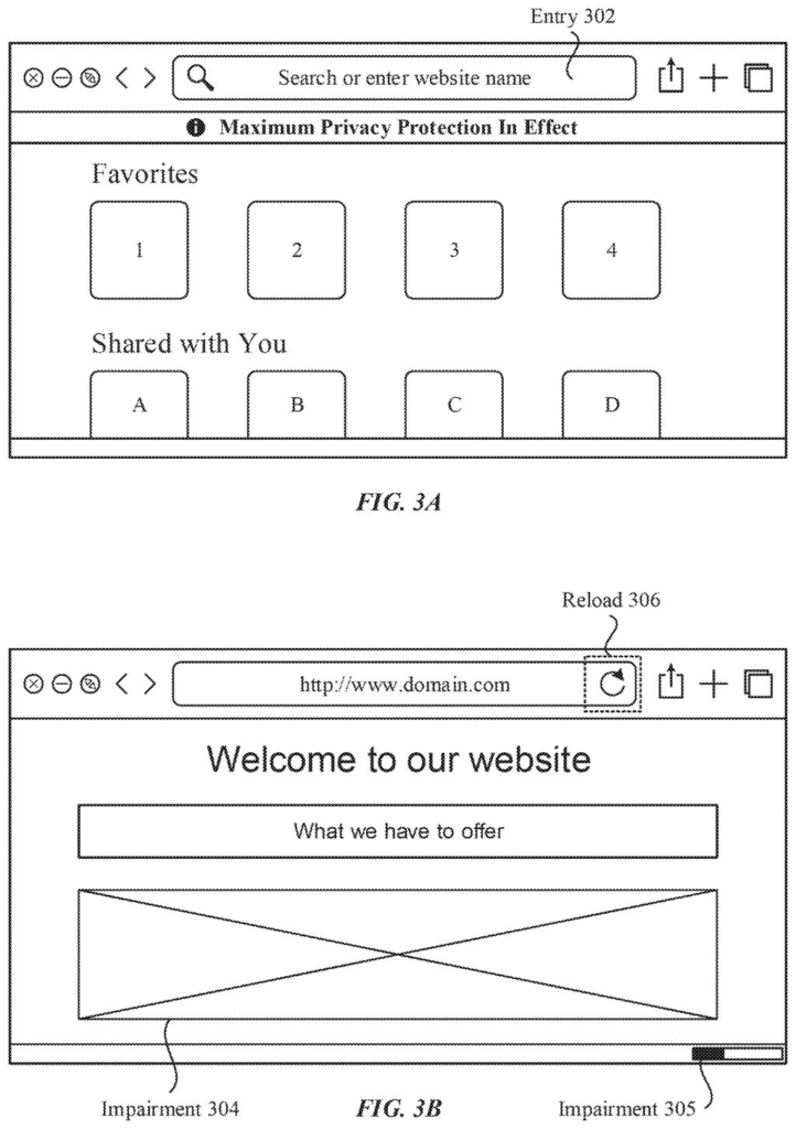 A web browser displaying a warning about a page not loading correctly and a button to reload with modified privacy protection. Drawing from patent filing US 2026/0260018 A1.