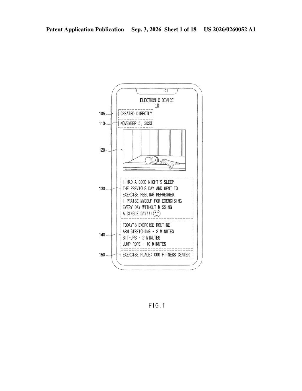 A smartphone displays a user's daily journal entry, including creation date, an image, and text about sleep and exercise. Drawing from patent filing US 2026/0260052 A1.