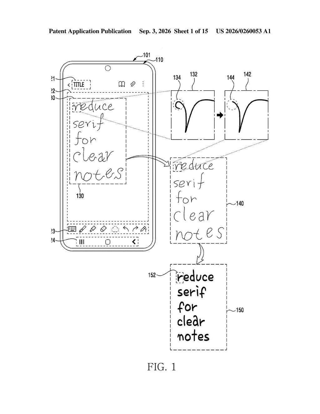 A smartphone display shows handwritten notes being cleaned up and converted into a neater, sans-serif font. Drawing from patent filing US 2026/0260053 A1.