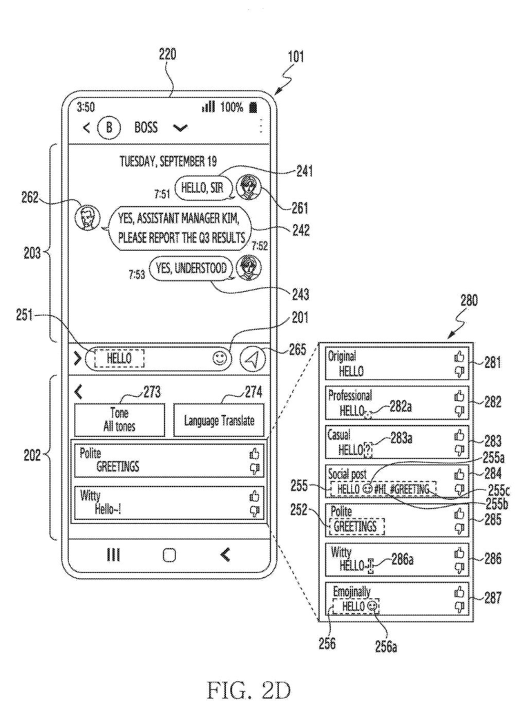 A smartphone screen displays a messaging app with an AI keyboard offering various stylistic rewrites for an input message. Drawing from patent filing US 2026/0260056 A1.