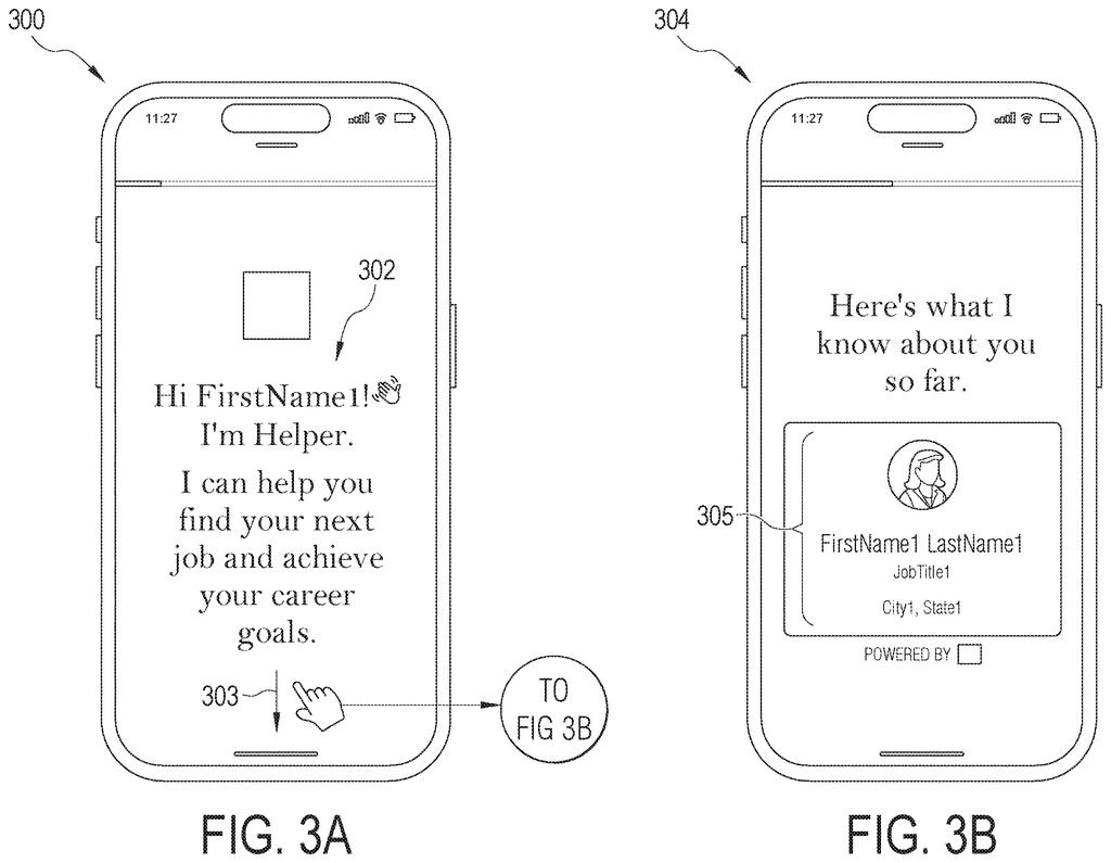 A smartphone screen displays an initial greeting from an AI helper, inviting the user to begin a career goal conversation. Drawing from patent filing US 2026/0260076 A1.