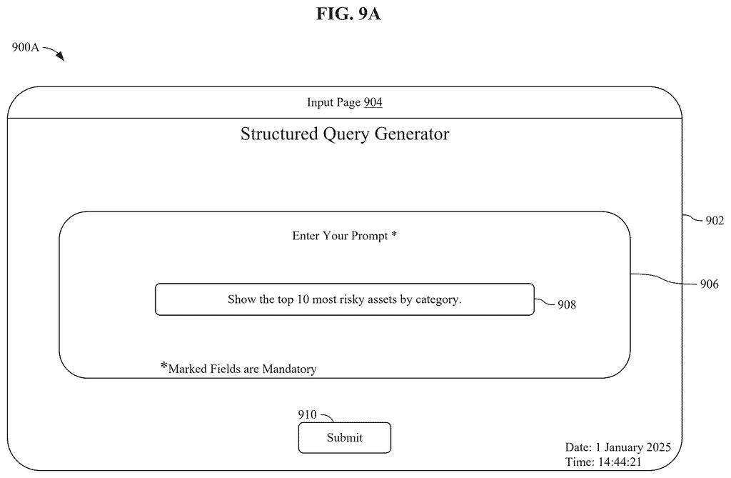 A user interface for a structured query generator, showing a text field where a user enters a natural language prompt. Drawing from patent filing US 2026/0260133 A1.