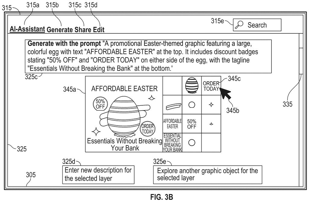 A user interface displays a promotional Easter-themed graphic generated from a text prompt, along with its editable layers. Drawing from patent filing US 2026/0260392 A1.