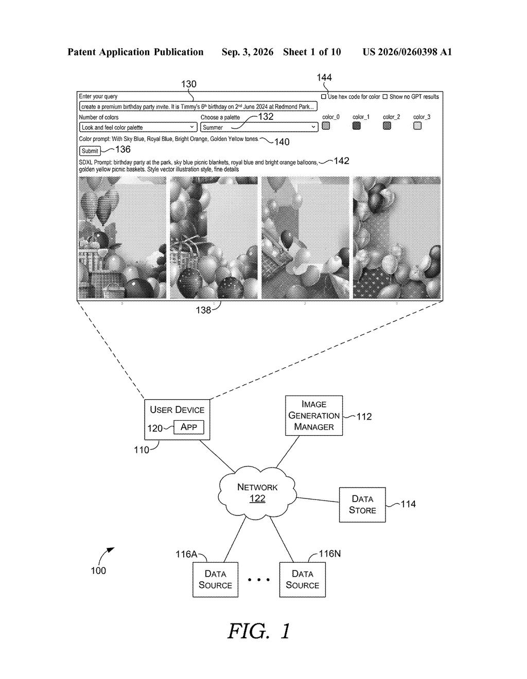 A user interface for an AI image generator allows input of color prompts and displays the resulting images. Drawing from patent filing US 2026/0260398 A1.