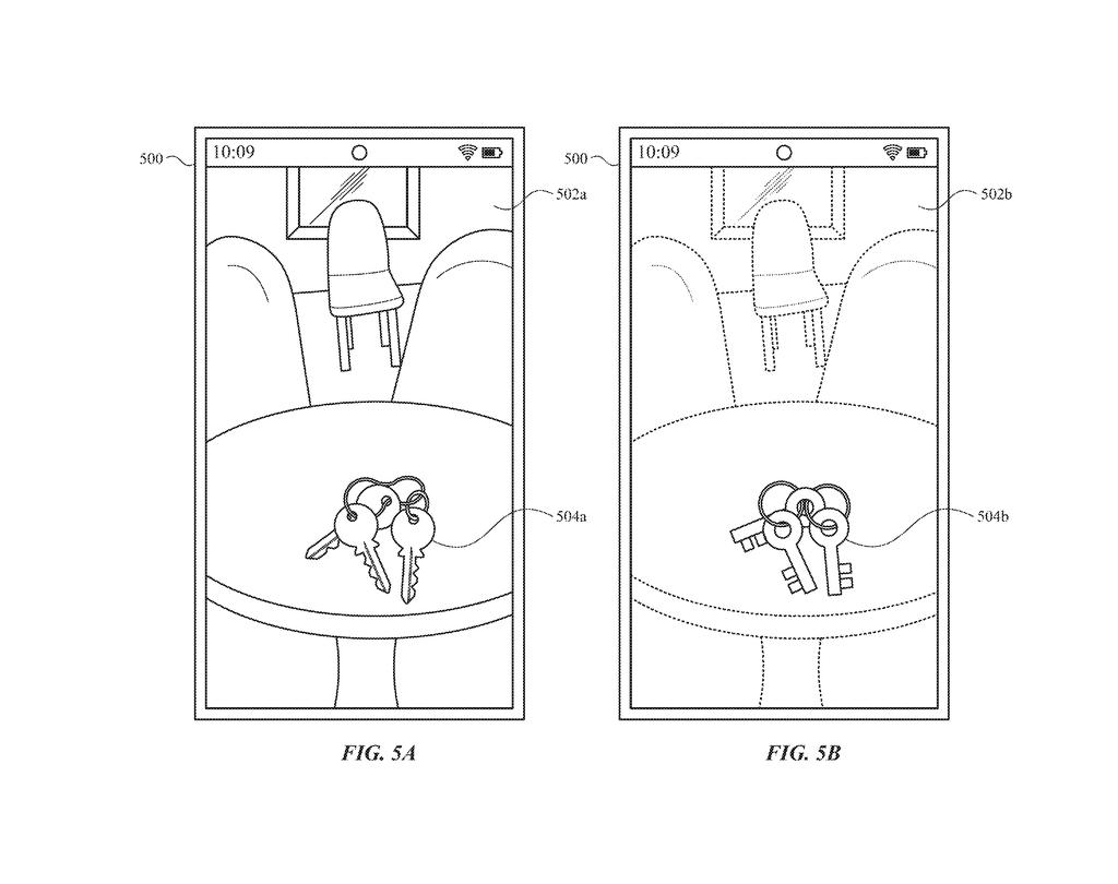 A smartphone display shows an original photo of keys on a table next to a stylized, cartoon-like version of the same image. Drawing from patent filing US 2026/0260406 A1.