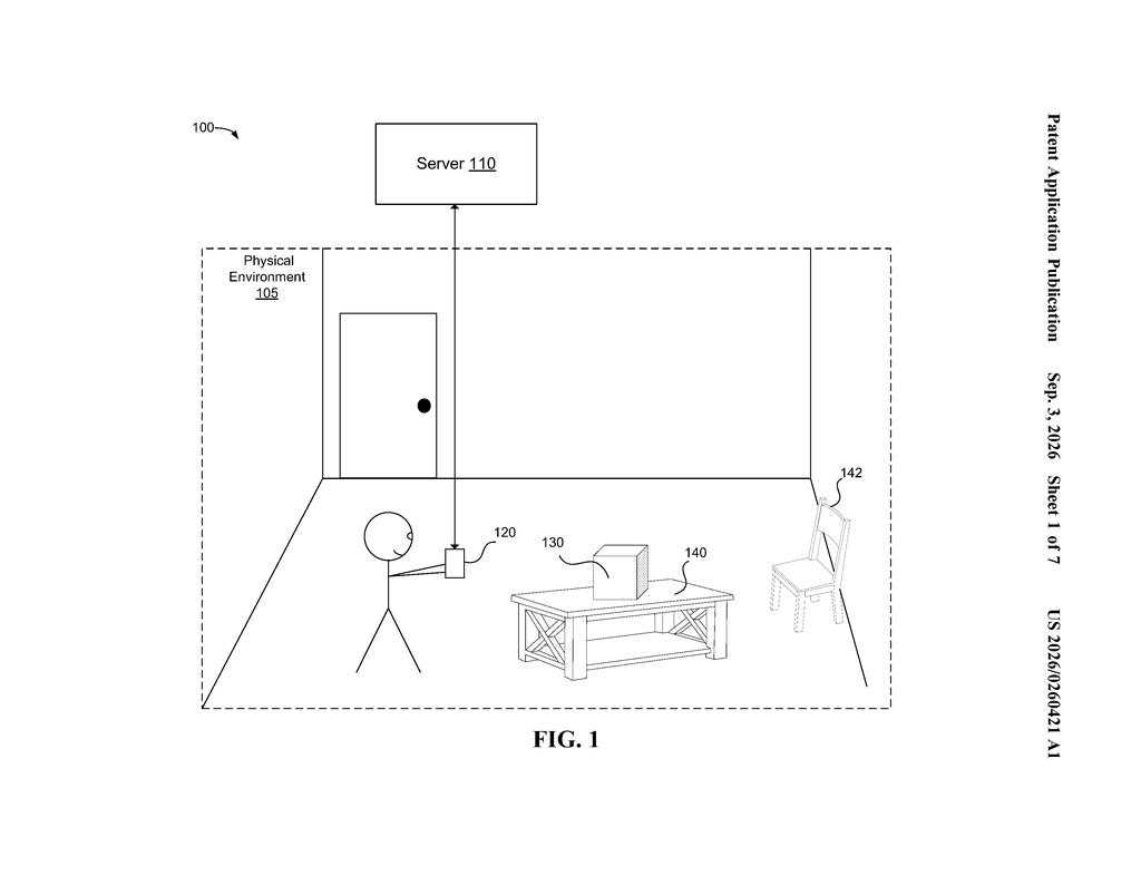 A person uses a handheld device to scan objects in a room, with the device sending data to a server. Drawing from patent filing US 2026/0260421 A1.