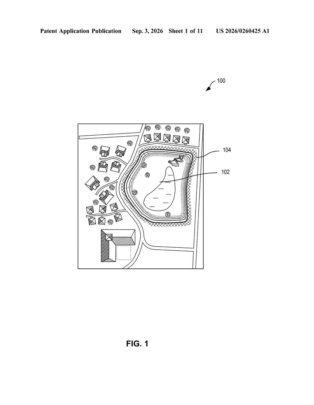 A 3D map shows a body of water with a highlighted boundary and surrounding buildings. Drawing from patent filing US 2026/0260425 A1.