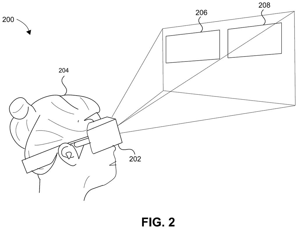 A person wears an extended reality headset, projecting virtual content into their field of view. Drawing from patent filing US 2026/0260439 A1.