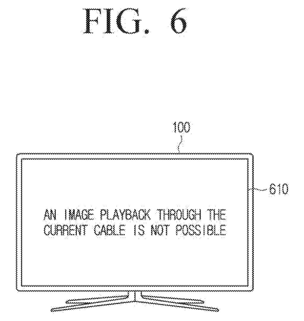 A display screen shows a message indicating that image playback is not possible with the current cable. Drawing from patent filing US 2026/0260632 A1.