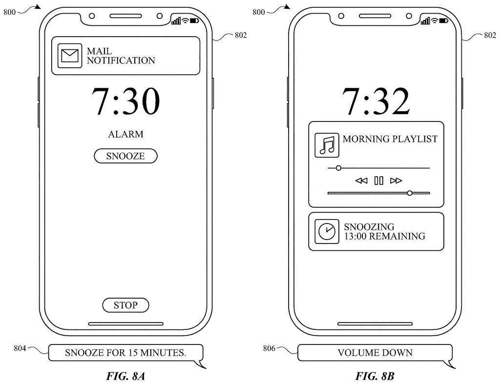 A smartphone displays an alarm and music player, with speech bubbles showing voice commands like "Snooze for 15 minutes" and "Volume down. Drawing from patent filing US 2026/0260653 A1.