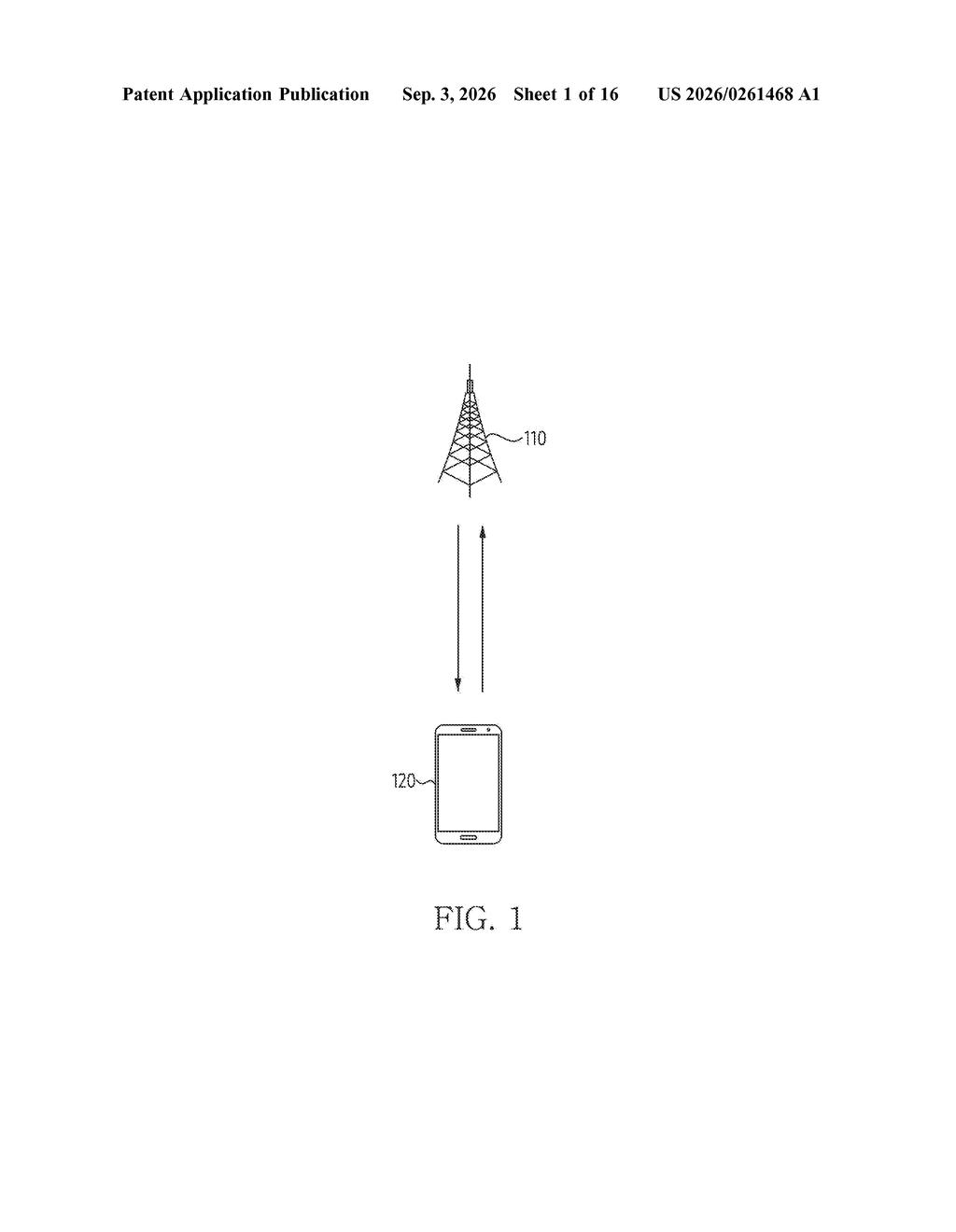 A cell tower communicates wirelessly with a smartphone. Drawing from patent filing US 2026/0261468 A1.
