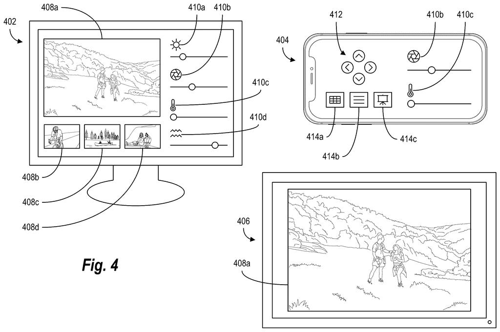 A desktop computer displays digital media with editing controls, while a phone acts as a remote control for the editing application, and a separate monitor shows the media. Drawing from patent filing US 2026/0261476 A1.