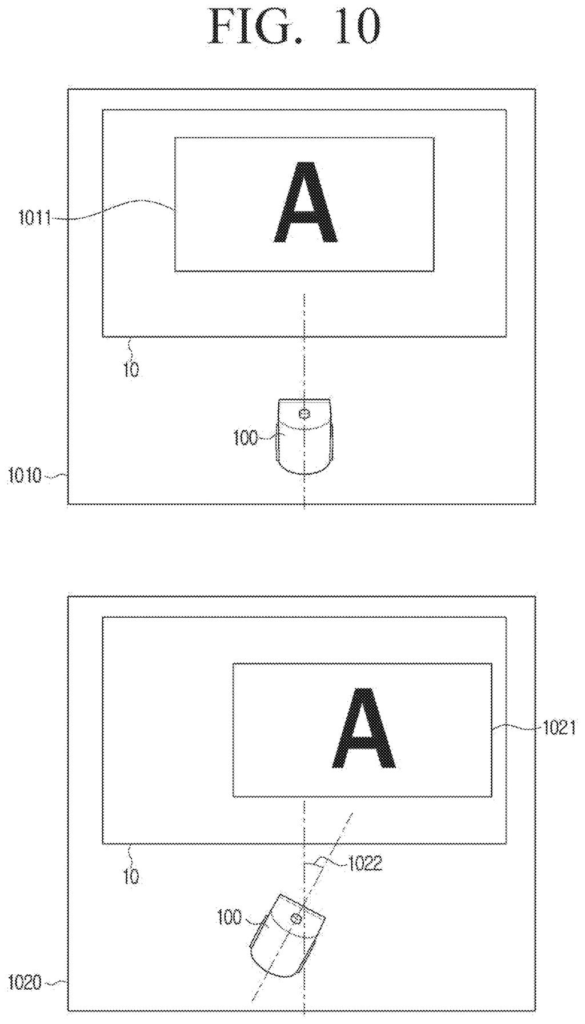 A projector projects an image onto a screen, showing both a correctly aligned projection and a misaligned one. Drawing from patent filing US 2026/0261636 A1.