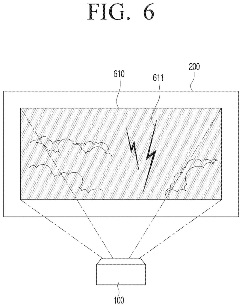 A projector casts an image onto a projection surface, demonstrating its function in a room environment. Drawing from patent filing US 2026/0261638 A1.