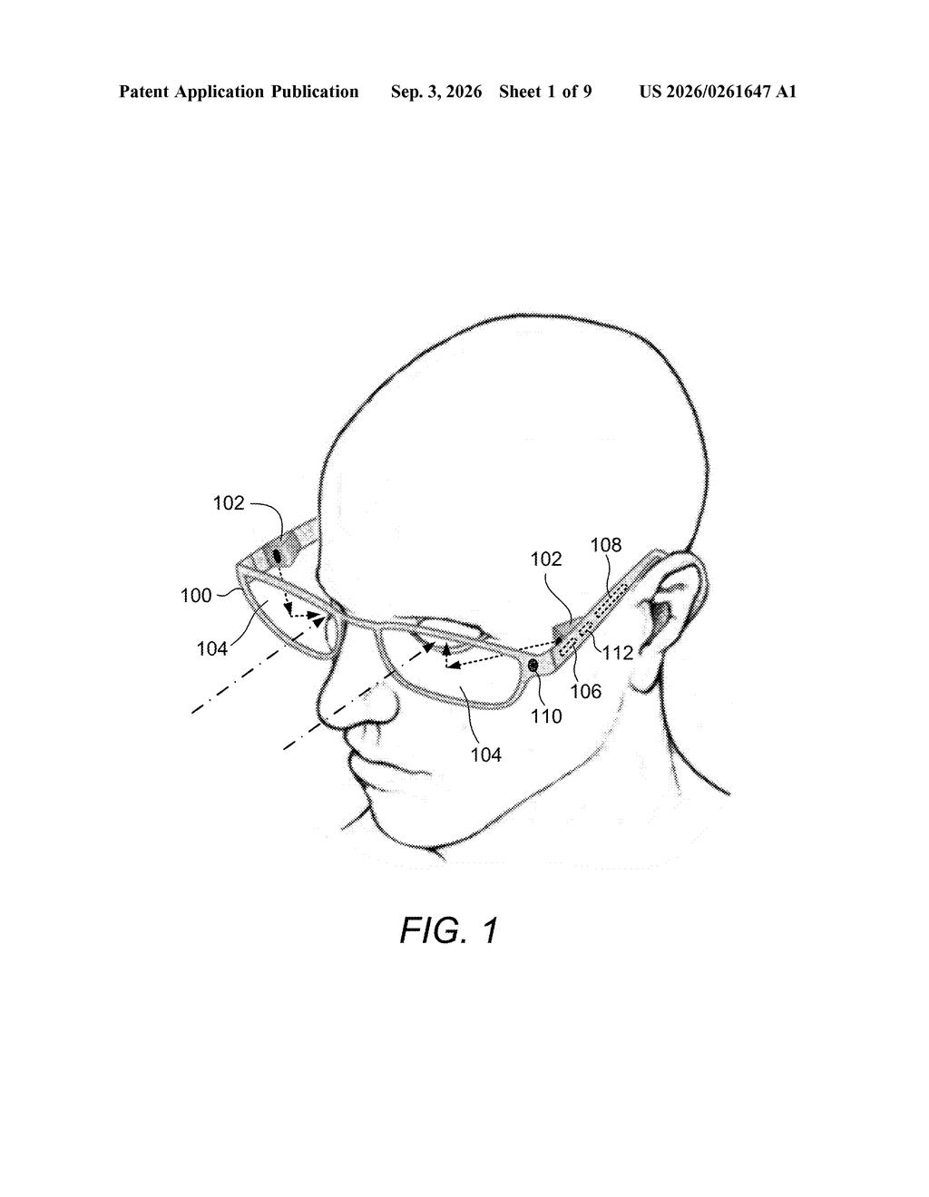 Augmented reality glasses worn by a person, showing light paths for display and sensing. Drawing from patent filing US 2026/0261647 A1.