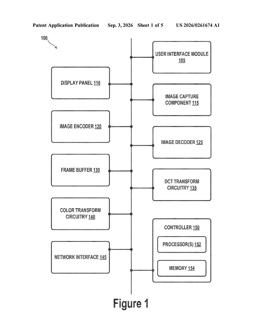 A computing device's internal components, including a display, image capture, and processing units, for handling image data. Drawing from patent filing US 2026/0261674 A1.