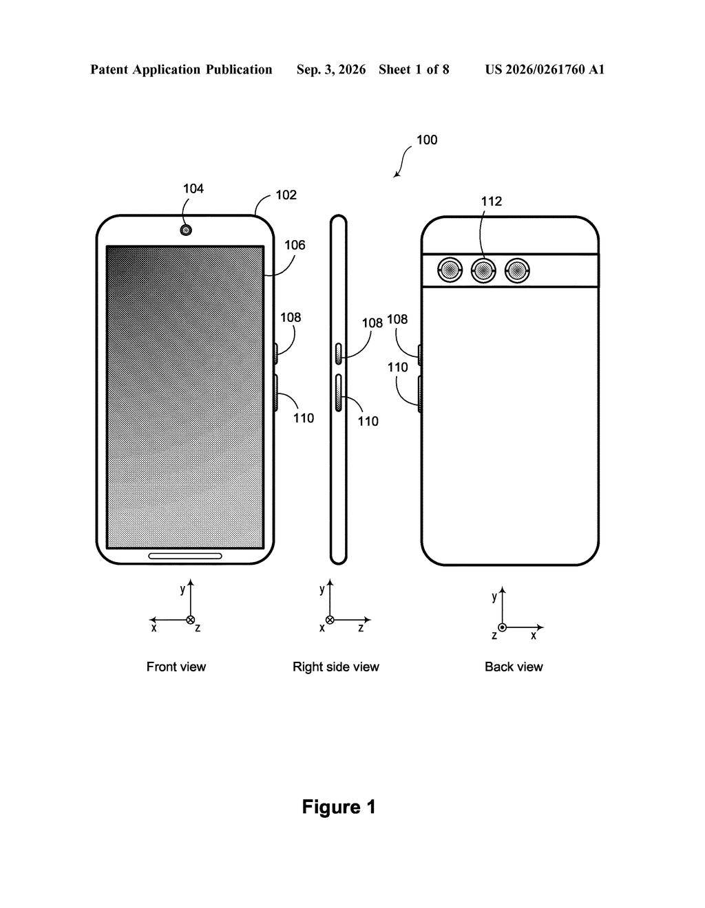 Front, right side, and back views of a smartphone with a front camera, display, and side buttons. Drawing from patent filing US 2026/0261760 A1.