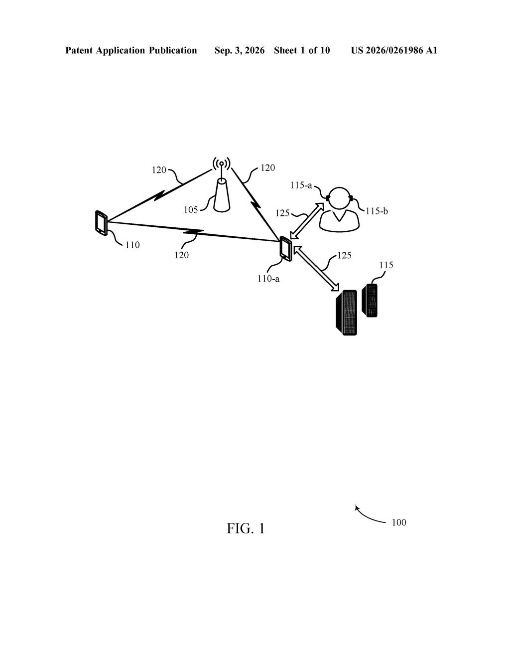 Wireless earbuds communicate with a phone, a server, and a cell tower, showing the system's operational environment. Drawing from patent filing US 2026/0261986 A1.