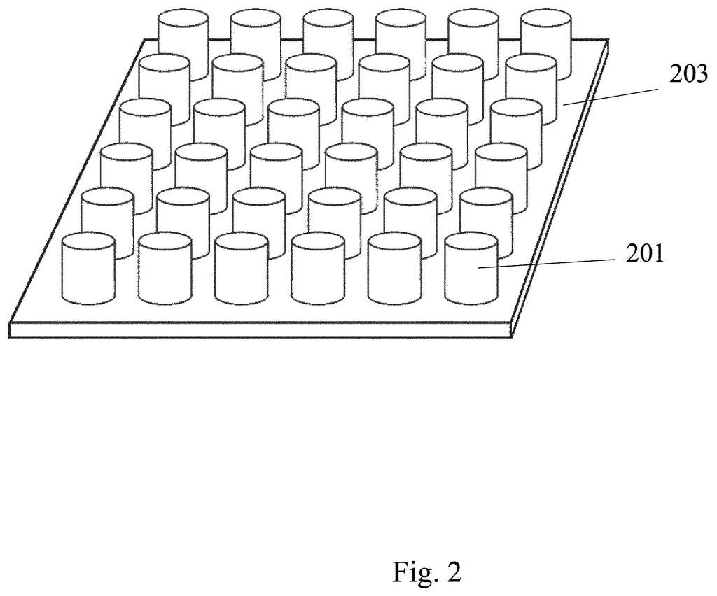 An array of microscopic pillars on a surface, designed to control light color. Drawing from patent filing US 2026/0267039 A1.