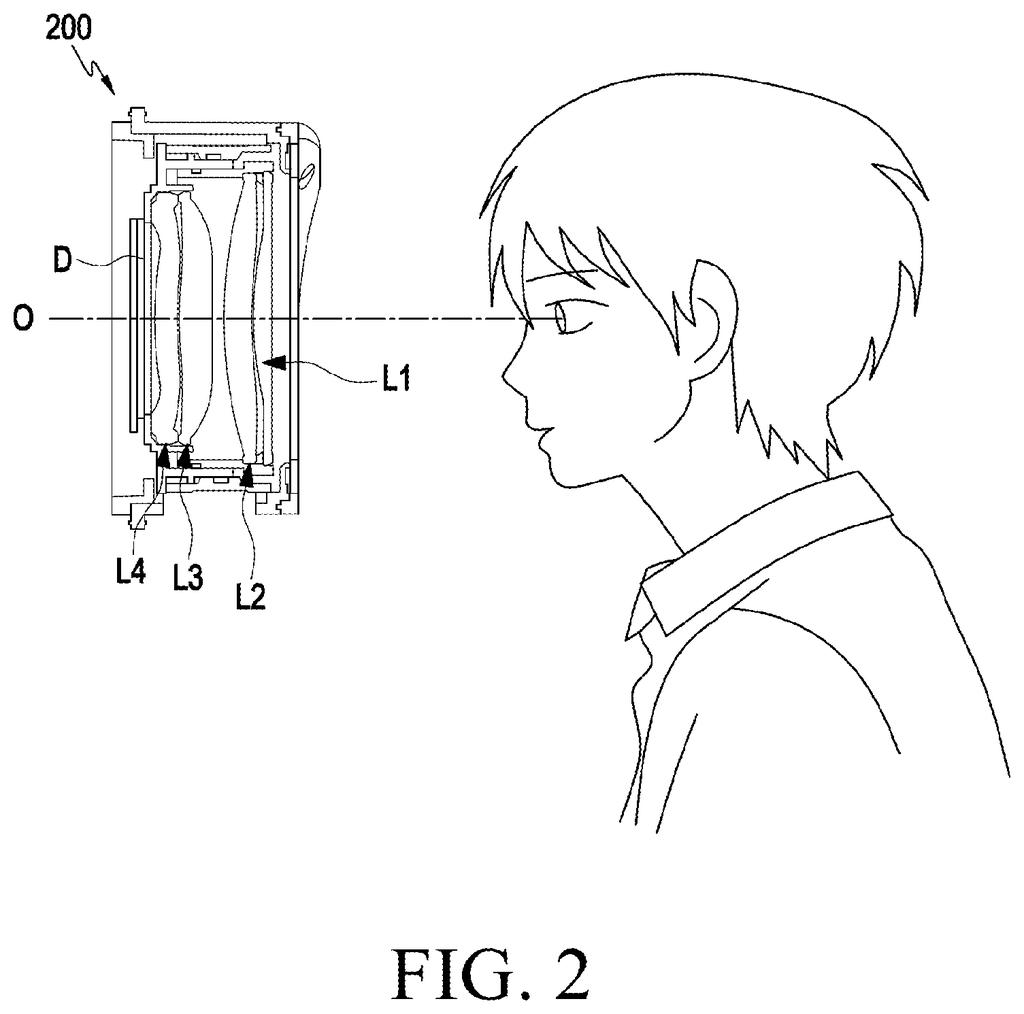 A person wears augmented reality glasses, with a cross-section showing the internal lenses and the light path to the eye. Drawing from patent filing US 2026/0267157 A1.