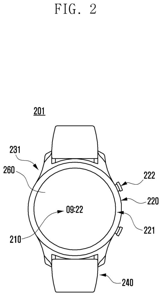 A smartwatch displaying the time on its circular screen, with physical buttons on the side. Drawing from patent filing US 2026/0267293 A1.