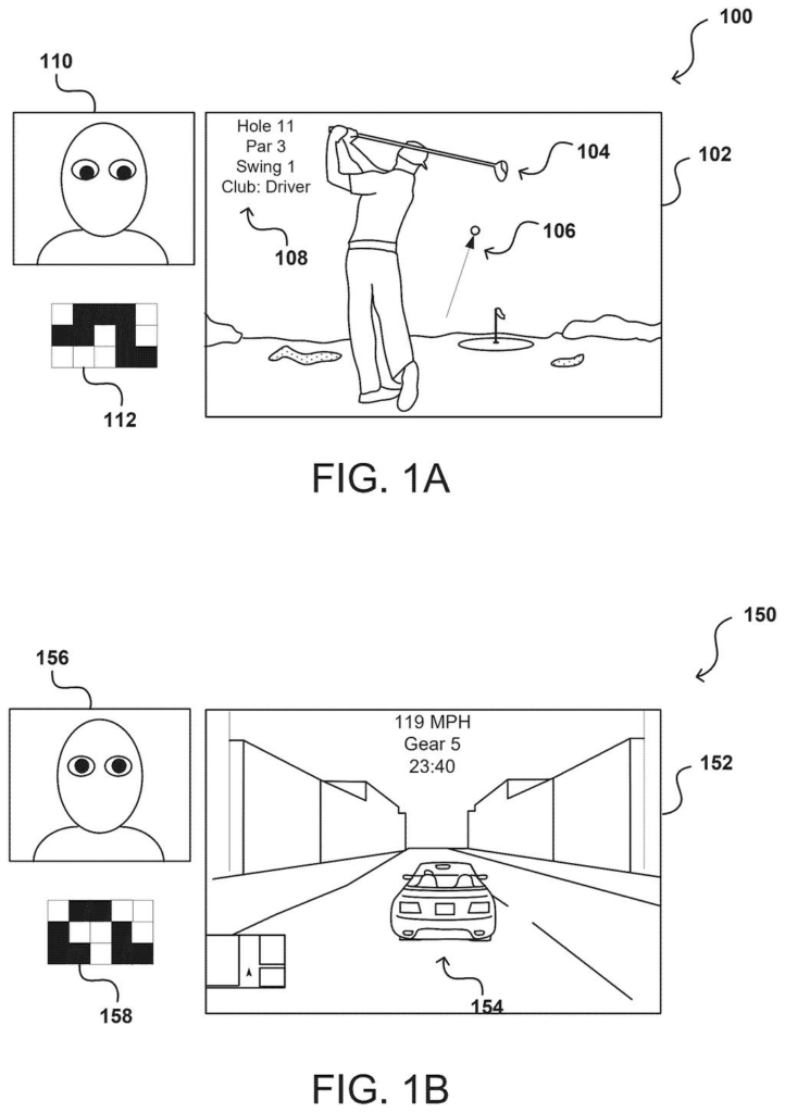A person's gaze is tracked while playing a golf video game, with a visual representation of their eye movements. Drawing from patent filing US 2026/0267406 A1.