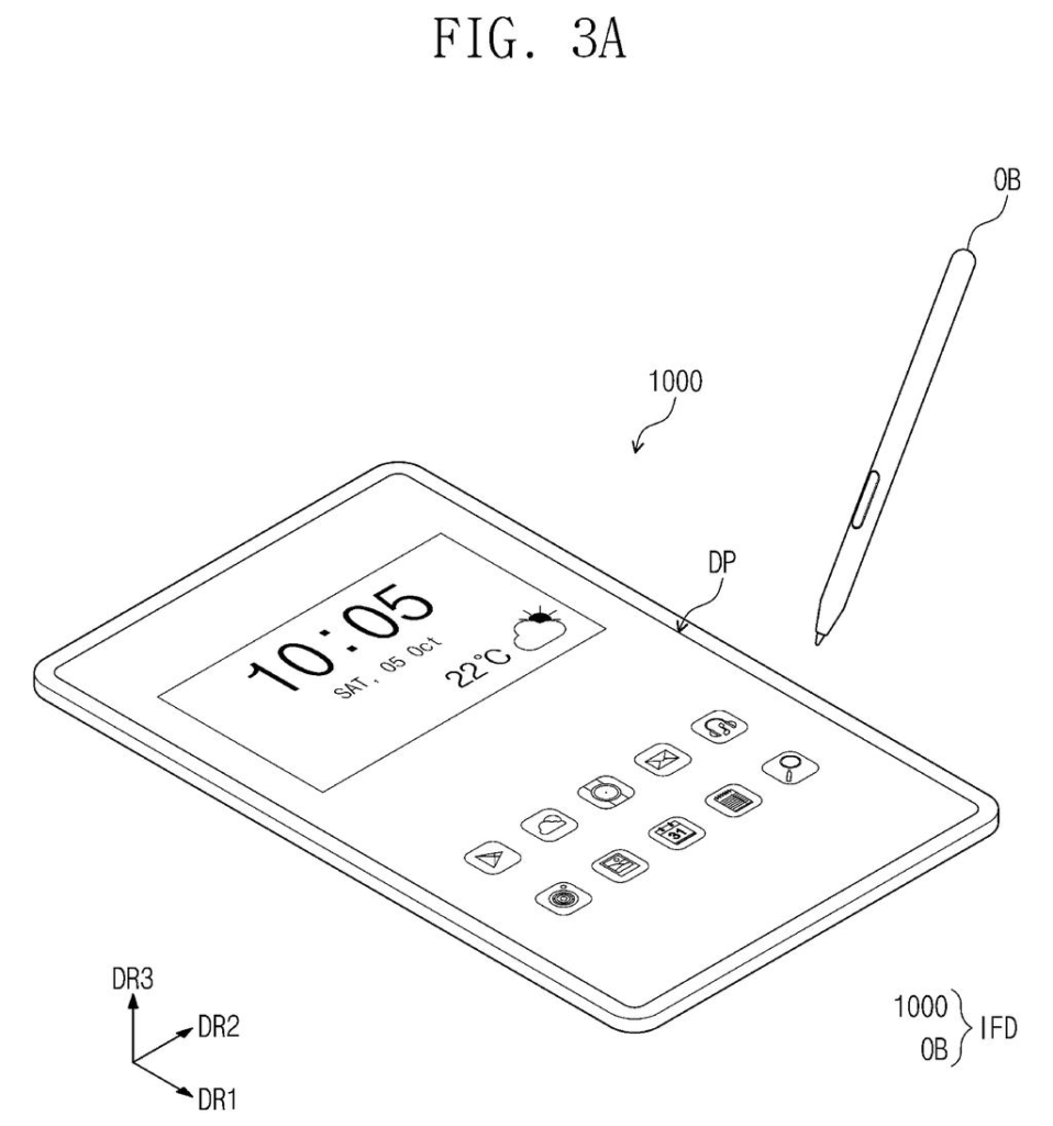 A tablet computer with a stylus, displaying the time, date, and weather, with application icons below. Drawing from patent filing US 2026/0267431 A1.