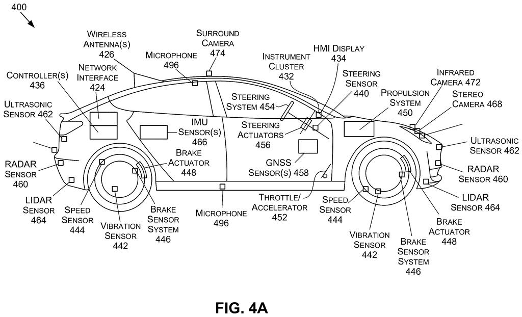A robotic vehicle with various sensors and systems, including radar, lidar, cameras, and ultrasonic sensors. Drawing from patent filing US 2026/0267781 A1.