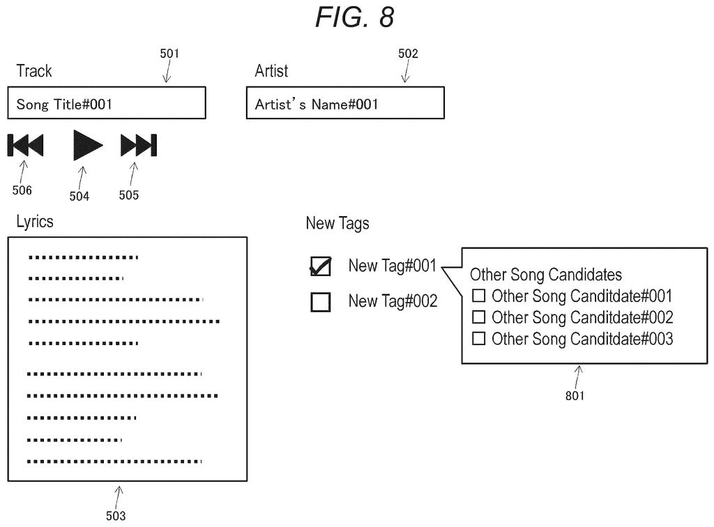 A user interface for a content labeling system, showing a song's title, artist, lyrics, and options to select new tags with suggested related songs. Drawing from patent filing US 2026/0268068 A1.