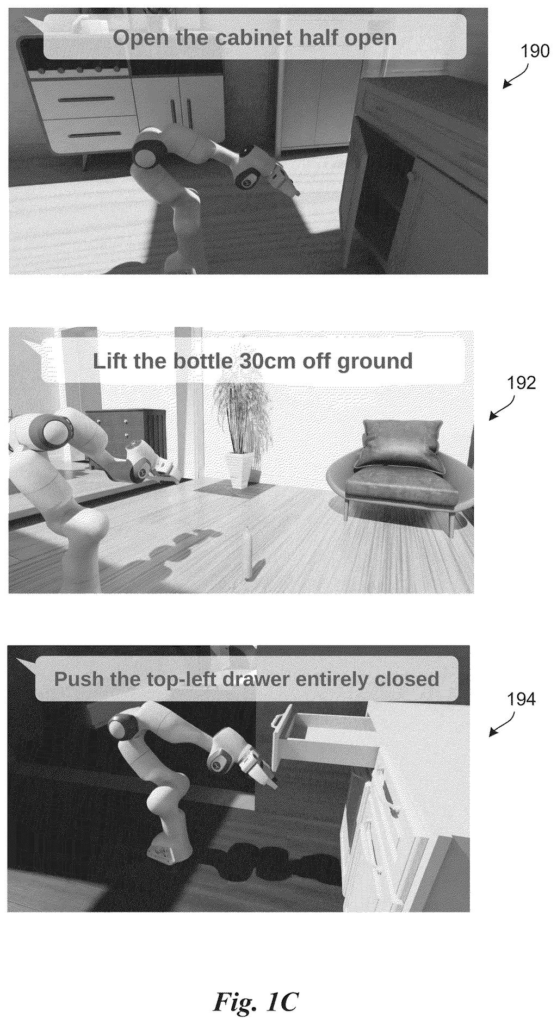 A robot arm performs tasks like opening a cabinet, lifting a bottle, and closing a drawer based on text instructions. Drawing from patent filing US 2026/0268120 A1.