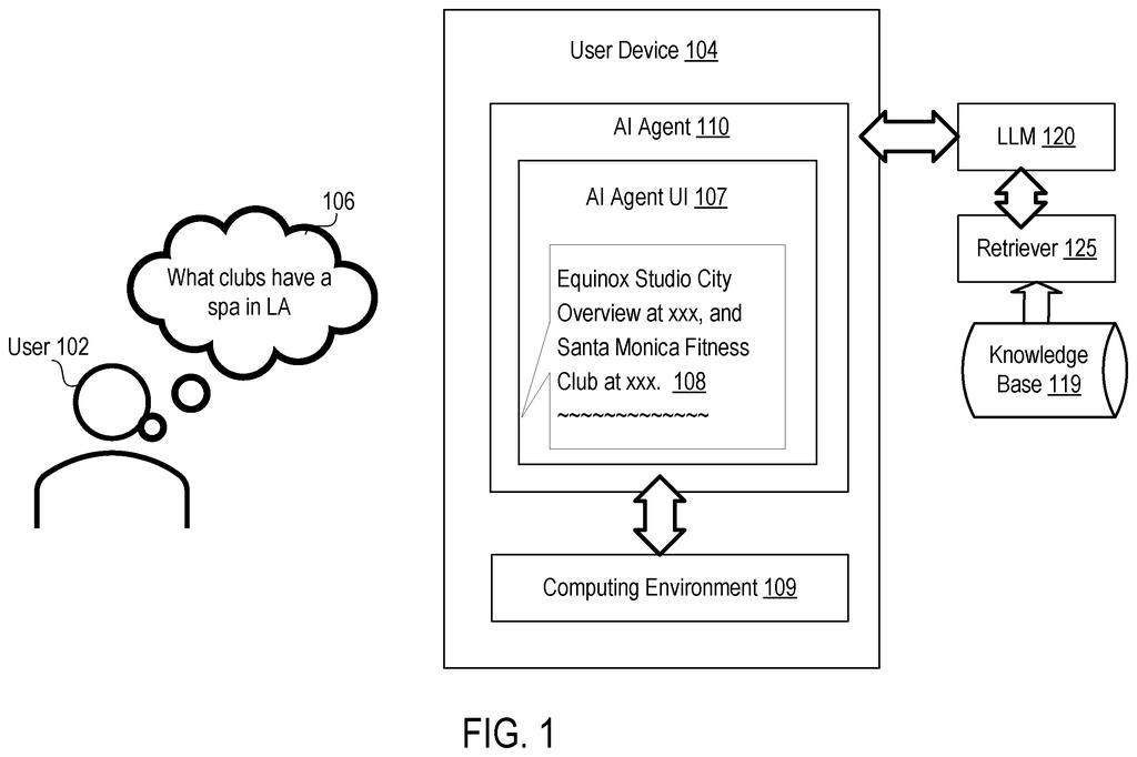 A user asks an AI agent on a device a question, which is processed by a large language model and knowledge base to generate an answer. Drawing from patent filing US 2026/0268180 A1.