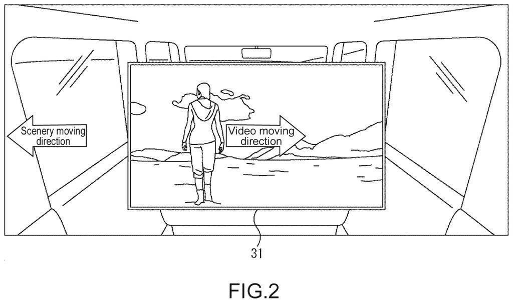 An in-car display shows video content with arrows indicating the video's moving direction and the scenery's moving direction outside the vehicle. Drawing from patent filing US 2026/0268504 A1.