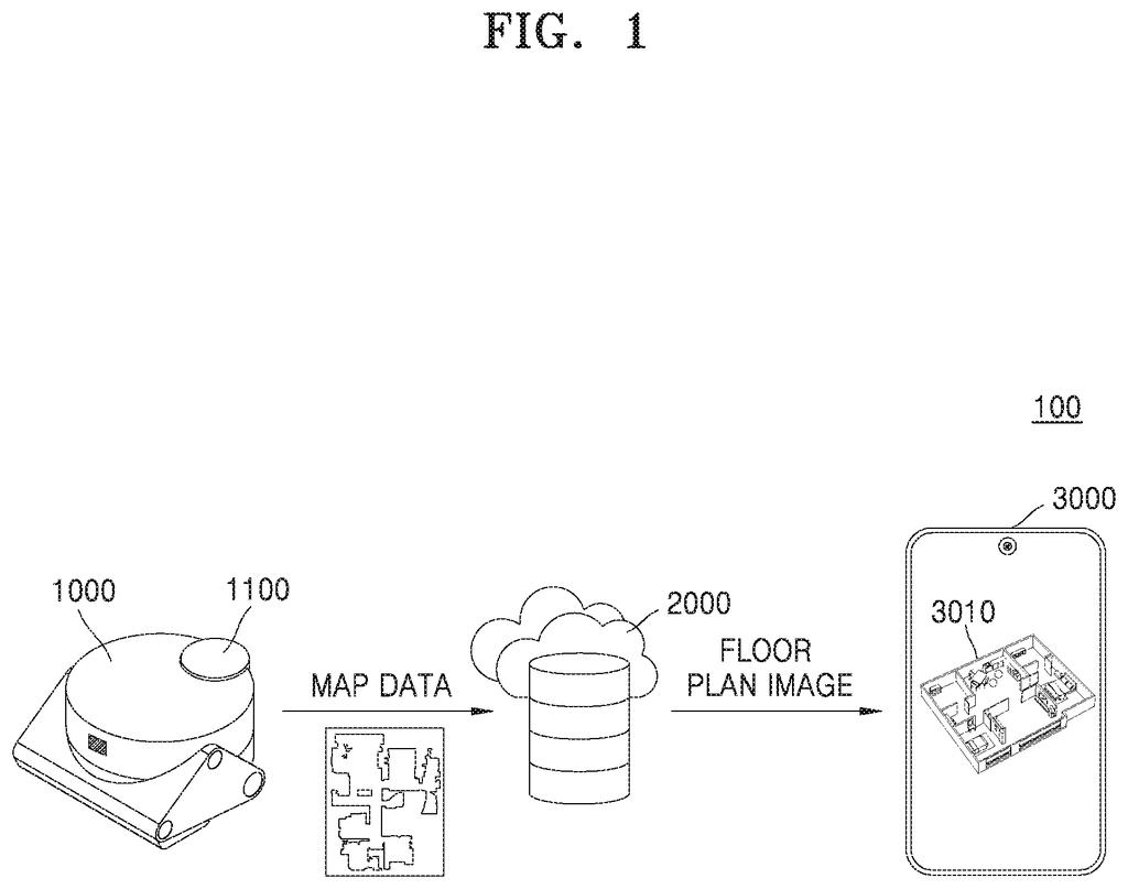 A robot scanner generates map data, which is processed by a cloud server to create a floor plan image displayed on a smartphone. Drawing from patent filing US 2026/0268507 A1.