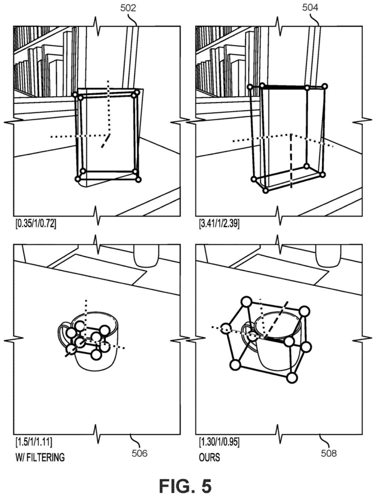 A cup and a rectangular object are tracked in video frames, showing the improvement with filtering compared to unfiltered tracking. Drawing from patent filing US 2026/0268515 A1.