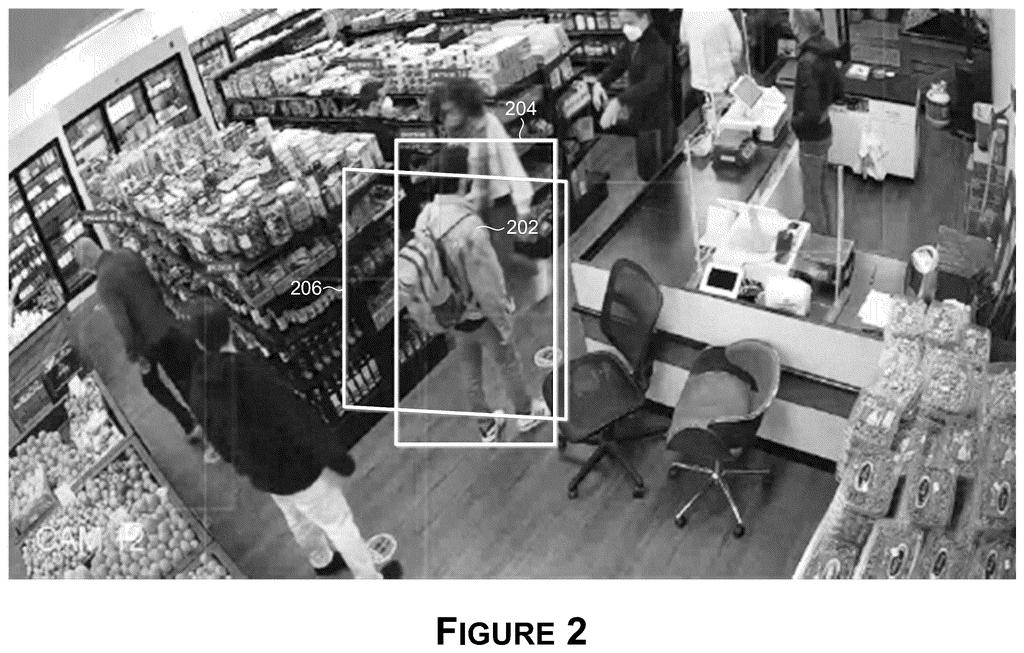 Bounding boxes around people in a store, demonstrating how a sensor detects objects for calibration. Drawing from patent filing US 2026/0268524 A1.