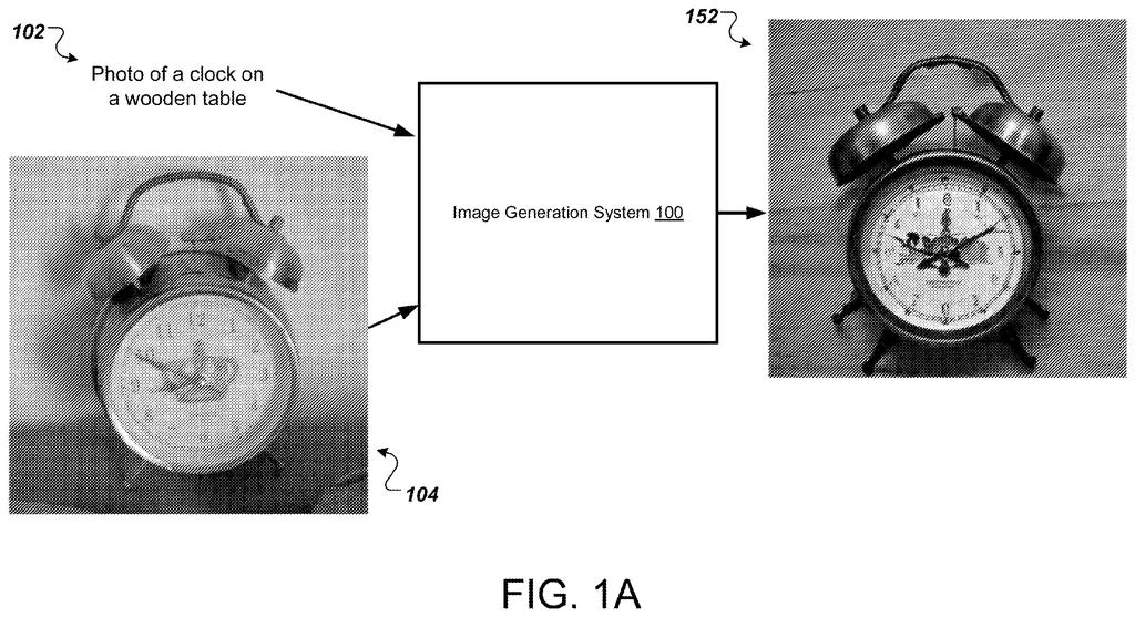 An AI image generator creates a new image of a clock on a wooden table from text and an input image. Drawing from patent filing US 2026/0268553 A1.