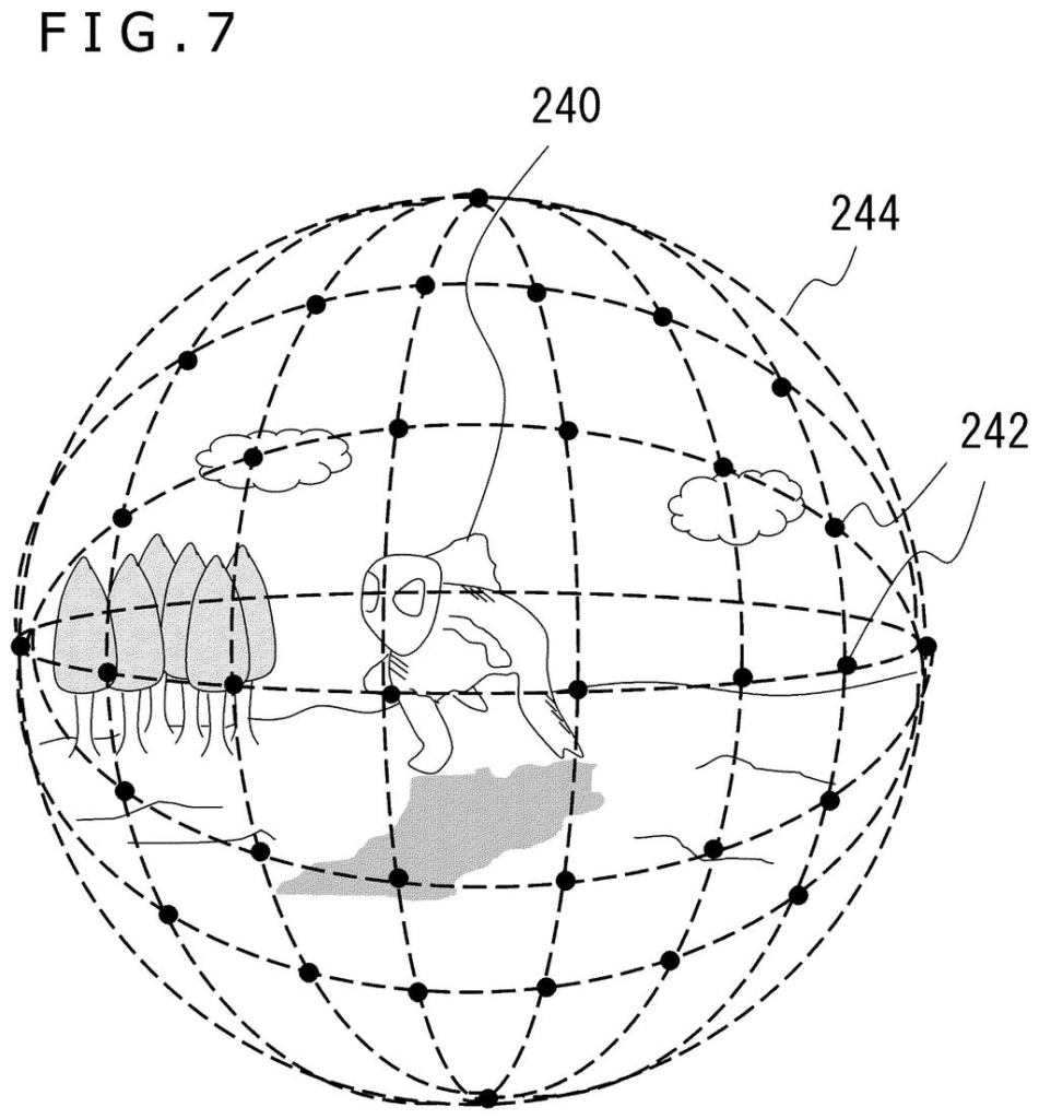 A 3D scene with a character and environment is shown within a spherical grid, indicating multiple possible viewpoints for exploration. Drawing from patent filing US 2026/0268598 A1.