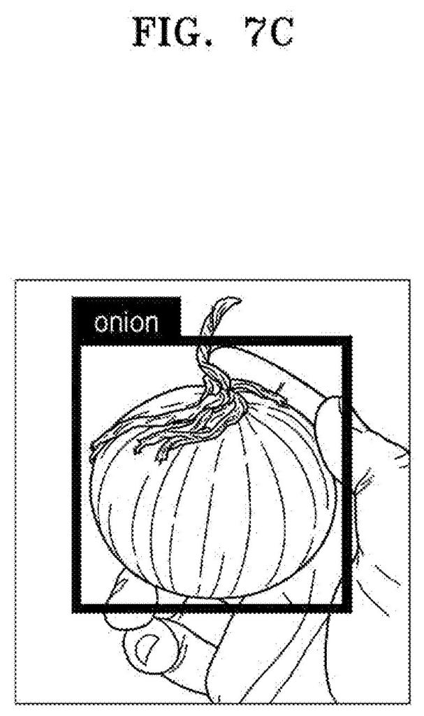 A hand holds an onion, with a bounding box and the correct label "onion" displayed, demonstrating object recognition. Drawing from patent filing US 2026/0268643 A1.