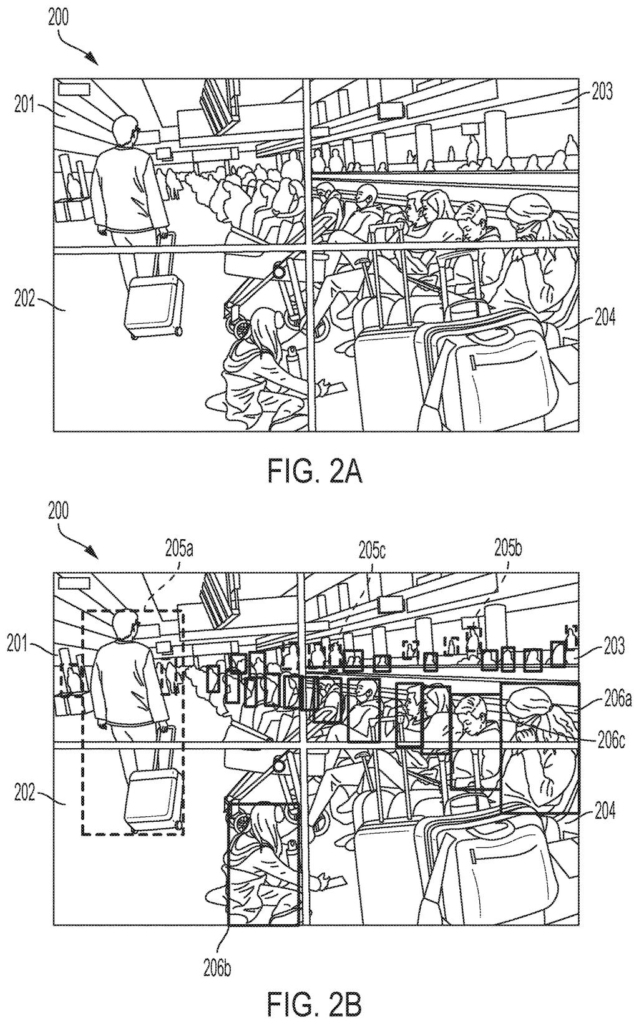 A video frame divided into regions, with some regions of interest highlighted around people and luggage. Drawing from patent filing US 2026/0268690 A1.