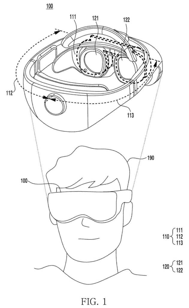 A virtual reality headset with internal components and a person wearing the device. Drawing from patent filing US 2026/0268831 A1.