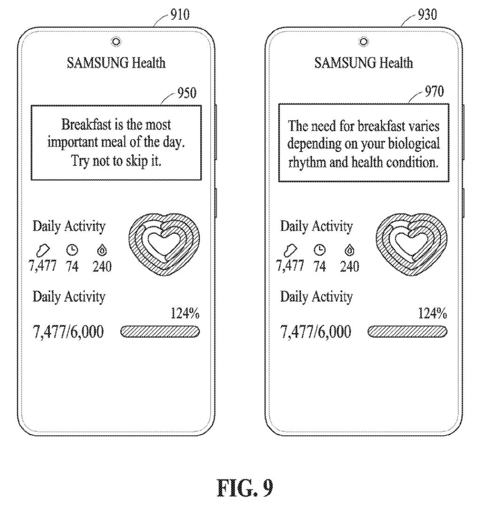 A Samsung Health app displays two different health messages about breakfast, along with daily activity tracking. Drawing from patent filing US 2026/0269037 A1.